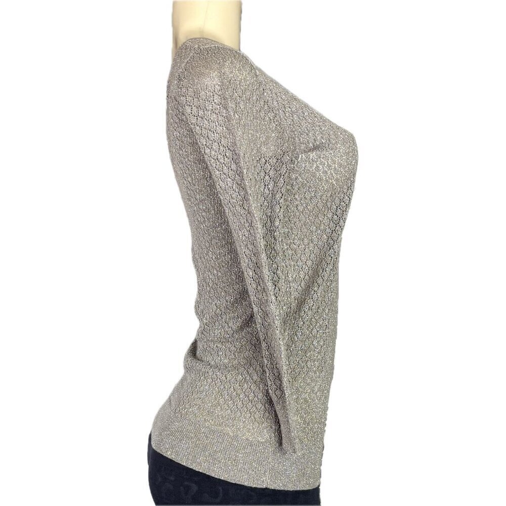 The Limited XS Gray Metallic V-Neck Open Weave Ribbed Trim 3/4 Sleeve Sweater - Picture 3 of 6